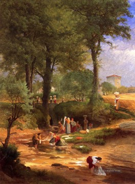  tonalist - Waschtag in der Nähe von Perugia aka Italienische Washerwomen Landschaft Tonalist George Inness